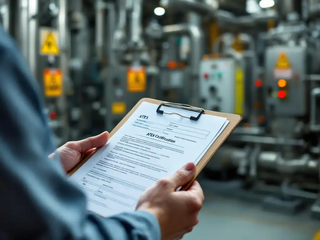 Veiligheidsinspecteur controleert ATEX-certificeringsdocumenten bij explosieveilige apparatuur in chemische fabriek