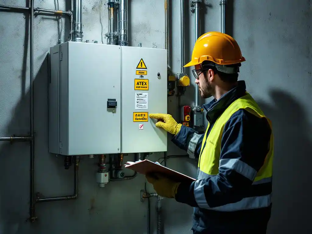 Fabrieksarbeider in veiligheidskledij inspecteert ATEX-conforme elektrische apparatuur met checklist op industriële muur