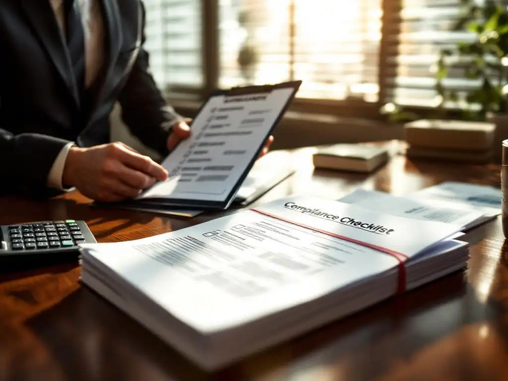 Zakenvrouw in pak bekijkt compliance checklist op klembord met rekenmachine en facturen op mahonie bureau