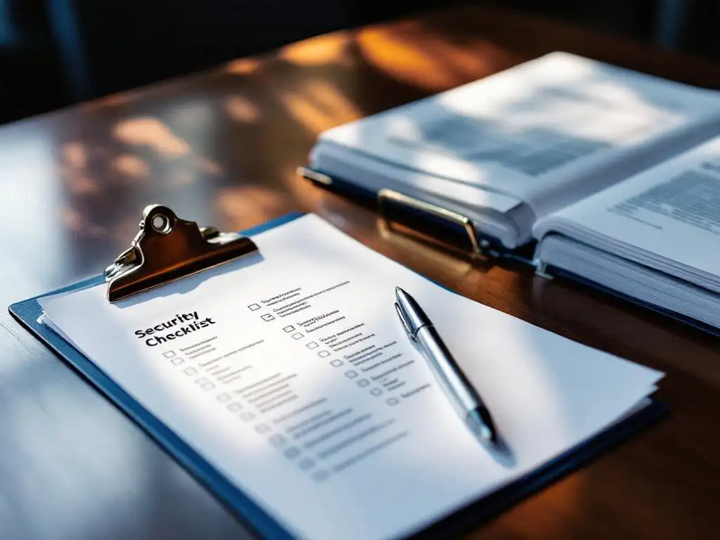 Beveiligingschecklist op klembord naast open compliance map op houten bureau met zilveren pen