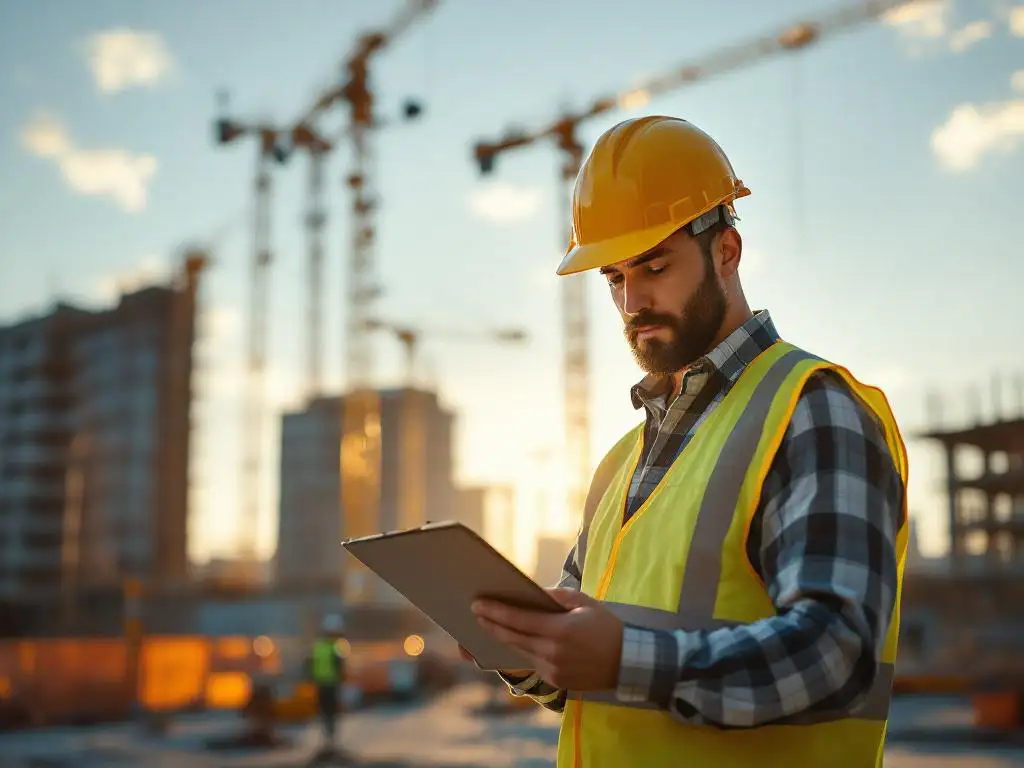 Bouwplaats veiligheidsinspecteur in gele helm controleert checklist met kranen en steigers op achtergrond