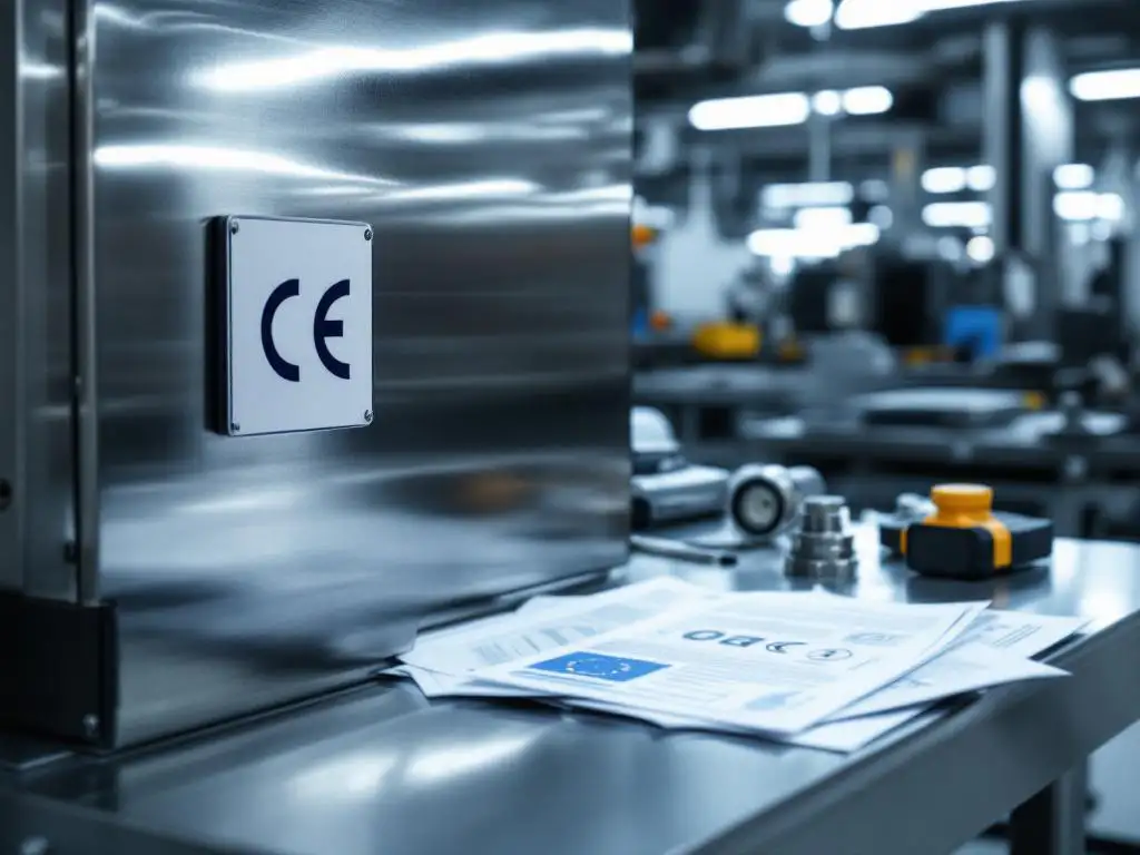 Moderne industriële machine met CE-markering certificaatplaat, omringd door Europese regelgevingsdocumenten op werkbank