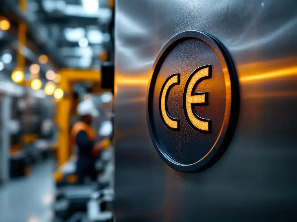 Industriële machine met prominente CE-markering op metalen oppervlak in moderne productiefaciliteit