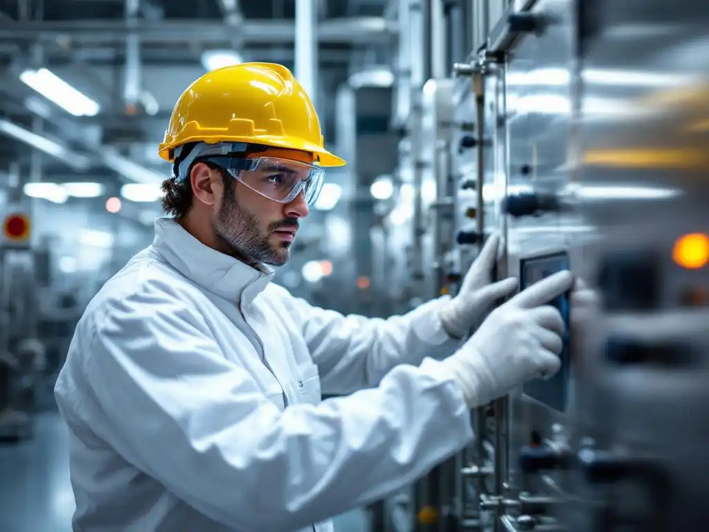 Chemische fabrieksmedewerker in wit beschermingspak inspecteert industriële apparatuur in steriele productieomgeving