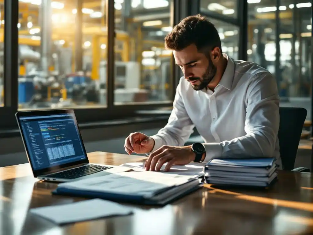 Zakelijke professional organiseert compliance documentatie op houten vergadertafel met laptop en regelgevingsdossiers