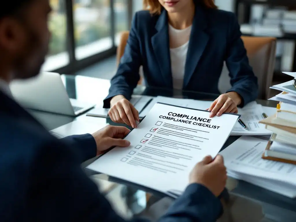 Zakenvrouw in marineblauw pak controleert compliance checklist aan glazen bureau met laptop en juridische documenten