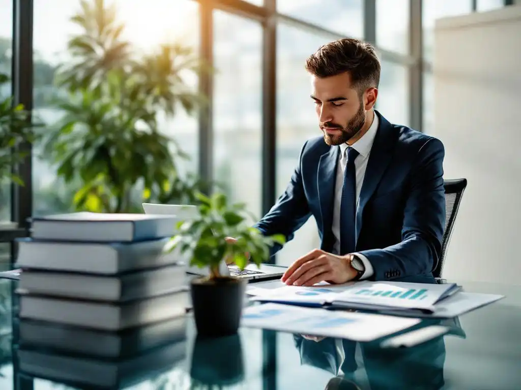 Zakenvrouw in pak bekijkt duurzaamheidsdocumenten aan glazen bureau met laptop, regelgevingsdossiers en groene plant