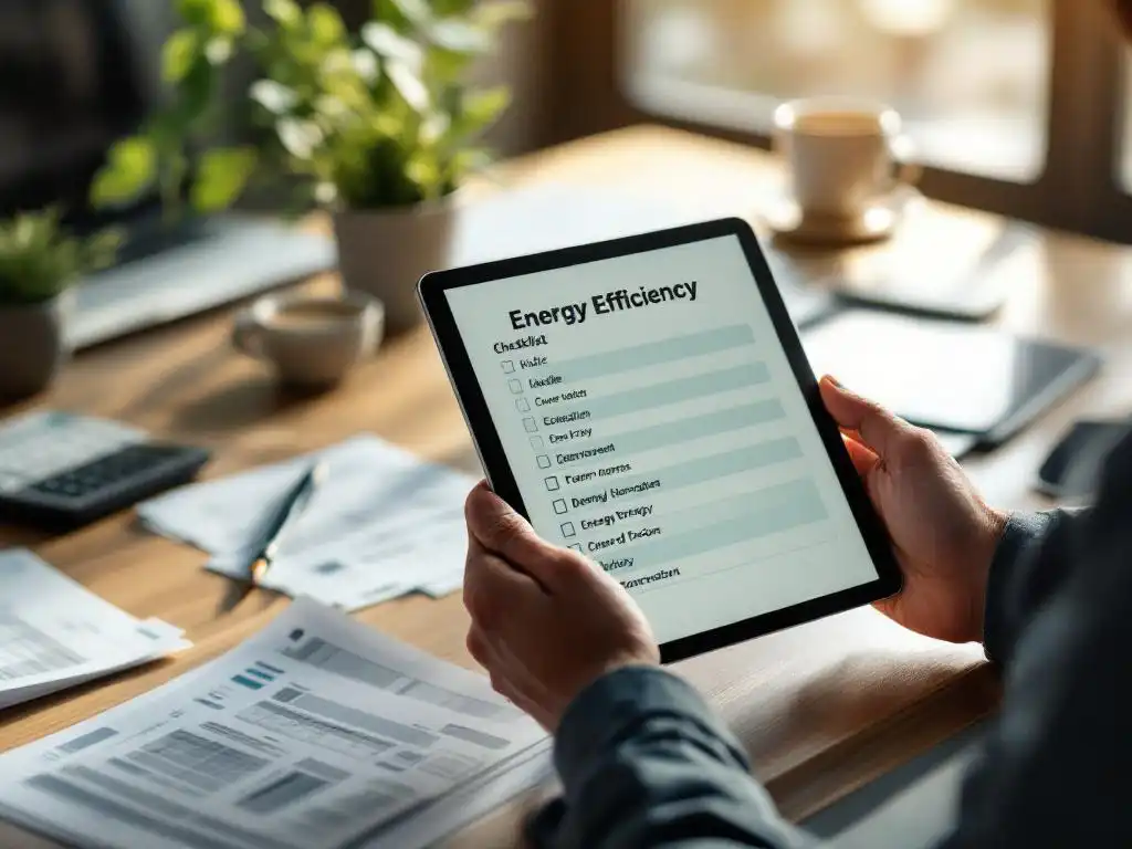 Professionele handen houden tablet met energiebesparingslijst vast op bureau met energierekeningen en calculator