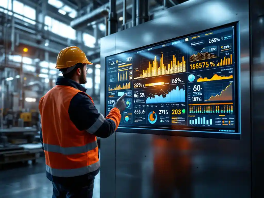 Faciliteitmanager wijst naar energiebesparingsgegevens op digitaal dashboard in moderne industriële controlekamer