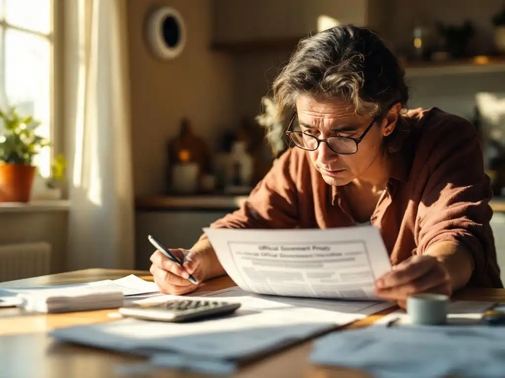 Bezorgde huiseigenaar bekijkt energierekeningen en boetedocumenten aan keukentafel met slimme thermostaat op achtergrond