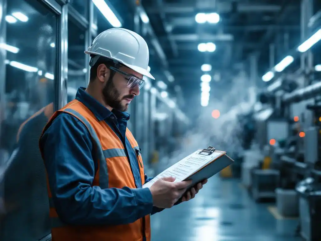 Fabriekscontroleur in veiligheidskledij controleert checklist naast industriële machines in schone fabriek