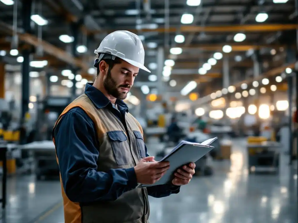 Fabrieksopzichter in witte helm controleert nalevingsdocumentatie op klembord in moderne productiehal met machines