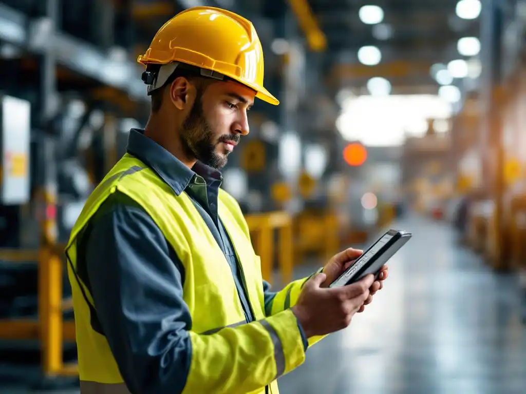 Fabriekstoezichthouder met gele helm inspecteert veiligheidsuitrusting met digitale tablet in industriële omgeving