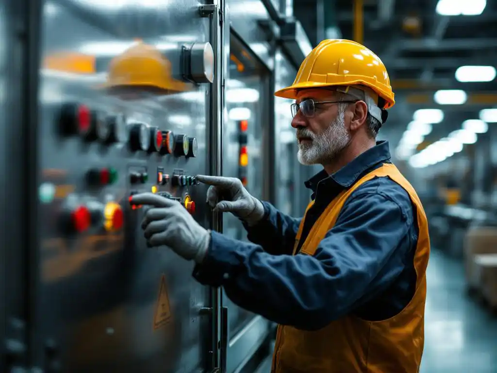 Fabriekstoezichthouder in gele helm controleert veiligheidspaneel van industriële machine in moderne fabriek