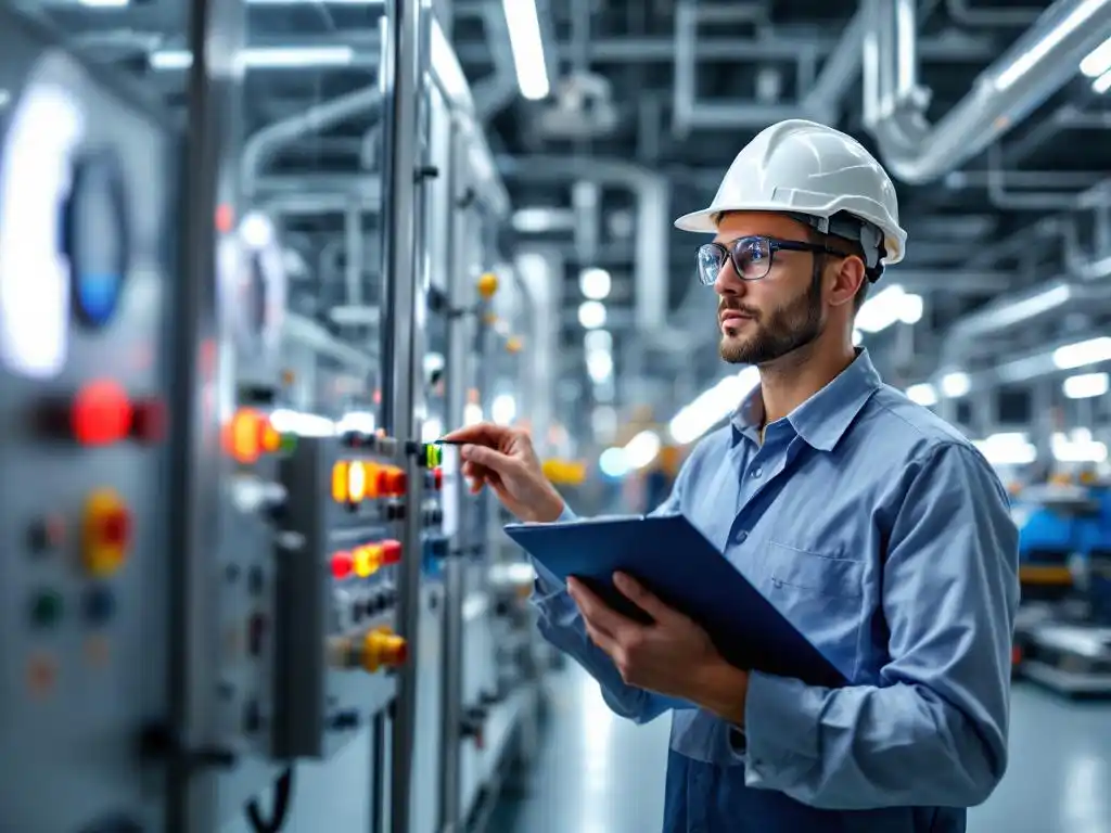 Fabriektechnicus met veiligheidshelm inspecteert industriële controlepanelen met klembord in moderne fabriek