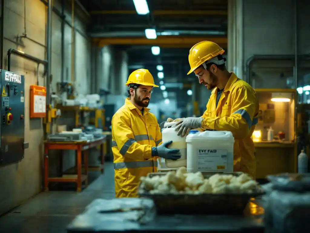 Fabrieksarbeider in gele veiligheidskleding hanteert chemische container met beschermende handschoenen in industriële faciliteit