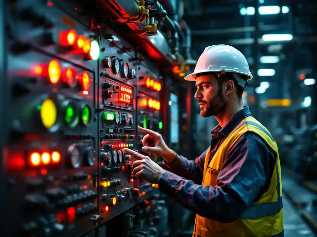 Fabrieksmedewerker in veiligheidshelm controleert industrieel bedieningspaneel met rode en groene lampjes