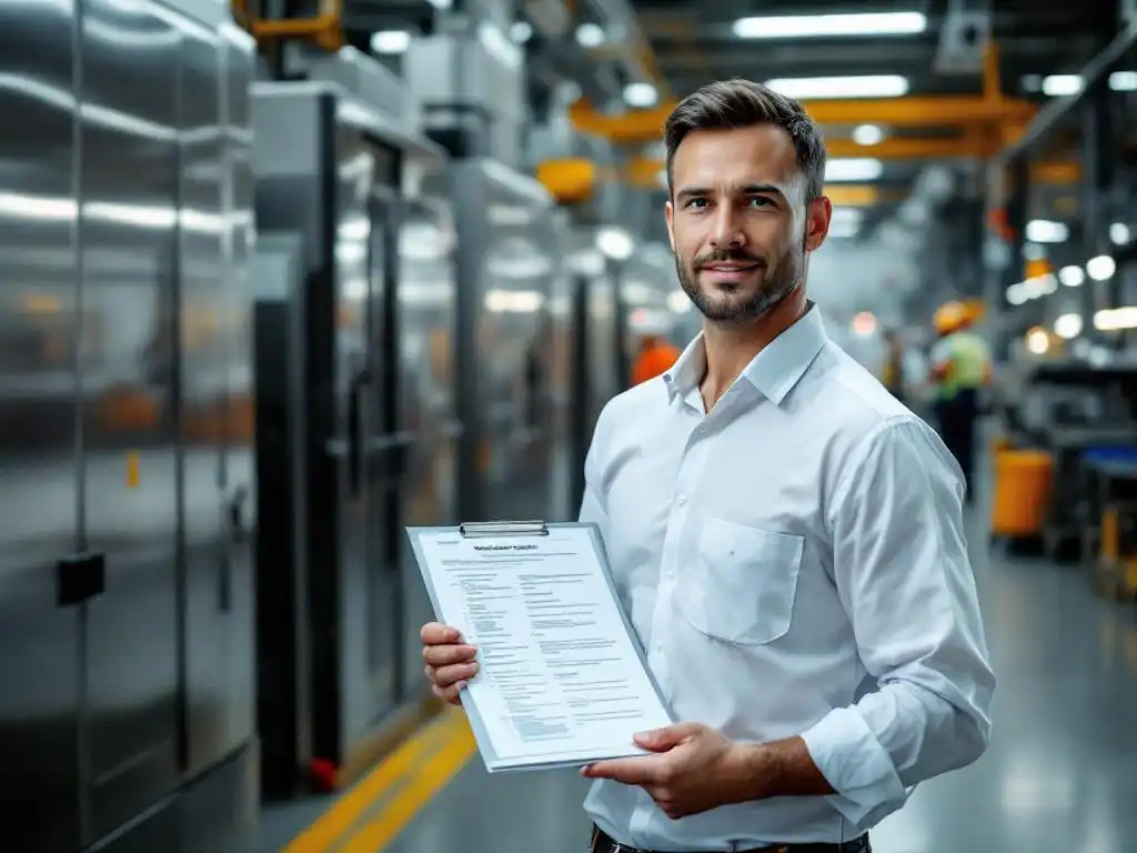 Fabrieksvloermanager met checklist naast industriële machines, werknemers in veiligheidsuitrusting op achtergrond