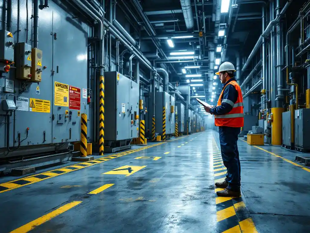 Veiligheidsinspecteur in reflecterend vest controleert gevaarlijke zones met gele waarschuwingstape op fabrieksvloer
