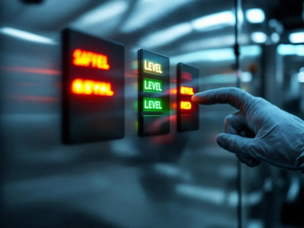 Industrieel controlepaneel met LED-veiligheidsindicatoren en technicus die kalibratieschakelaars aanpast