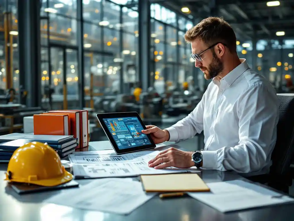 Industriële manager bekijkt procesdocumentatie aan bureau met tablet, mappen en veiligheidsuitrusting in controlekamer