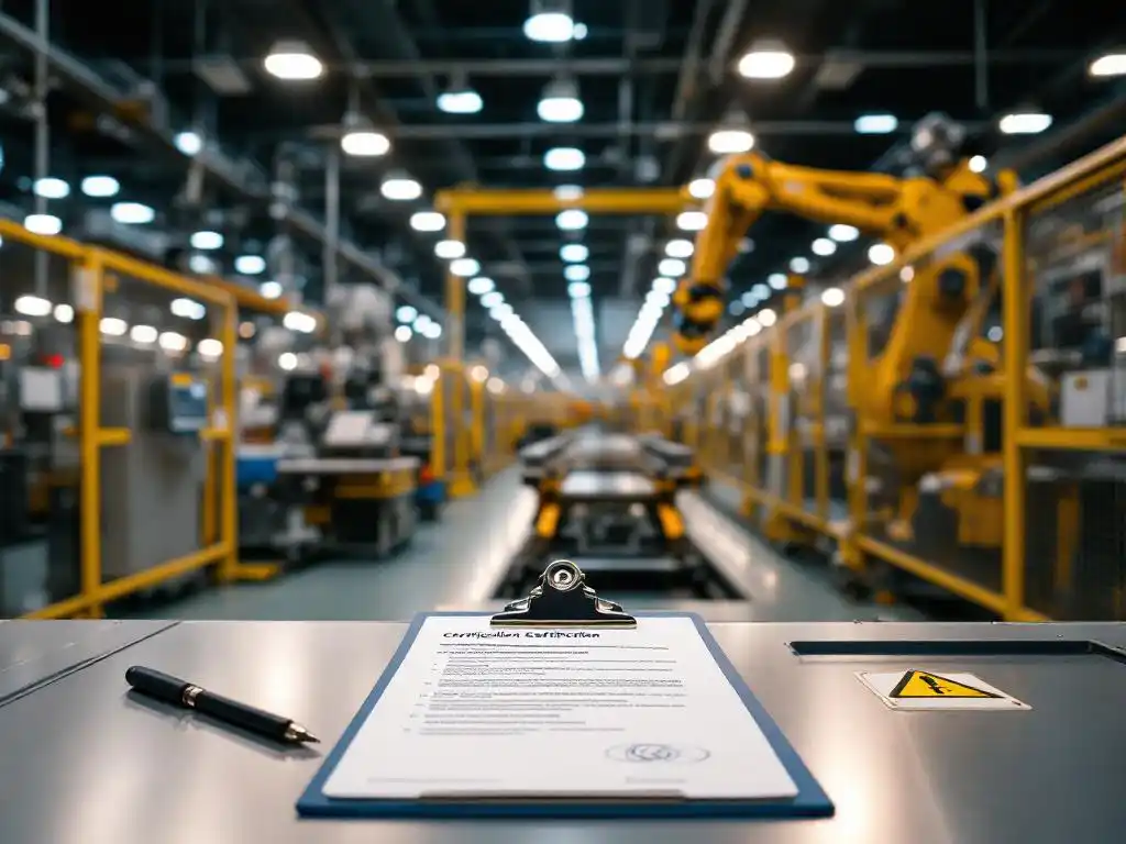 Moderne fabrieksvloer met robotarmen en precisie-apparatuur, certificeringsdocumenten op controlepaneel op voorgrond