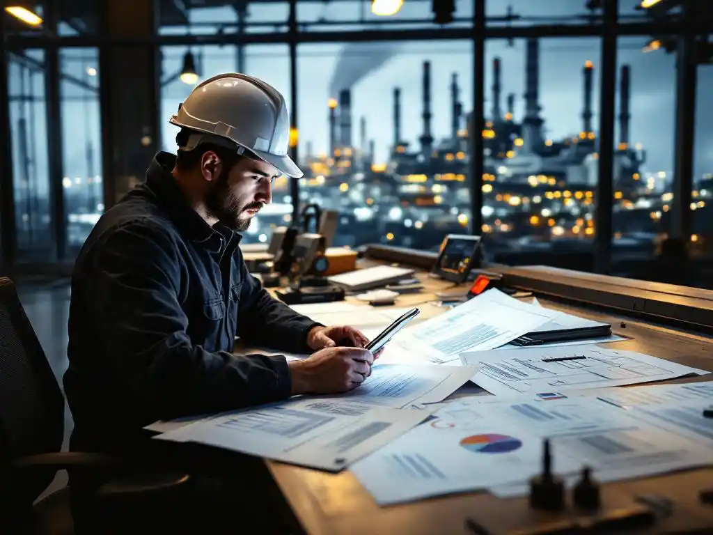 Ingenieur in witte helm bestudeert energiediagrammen en technische tekeningen op industrieel controlepaneel bureau