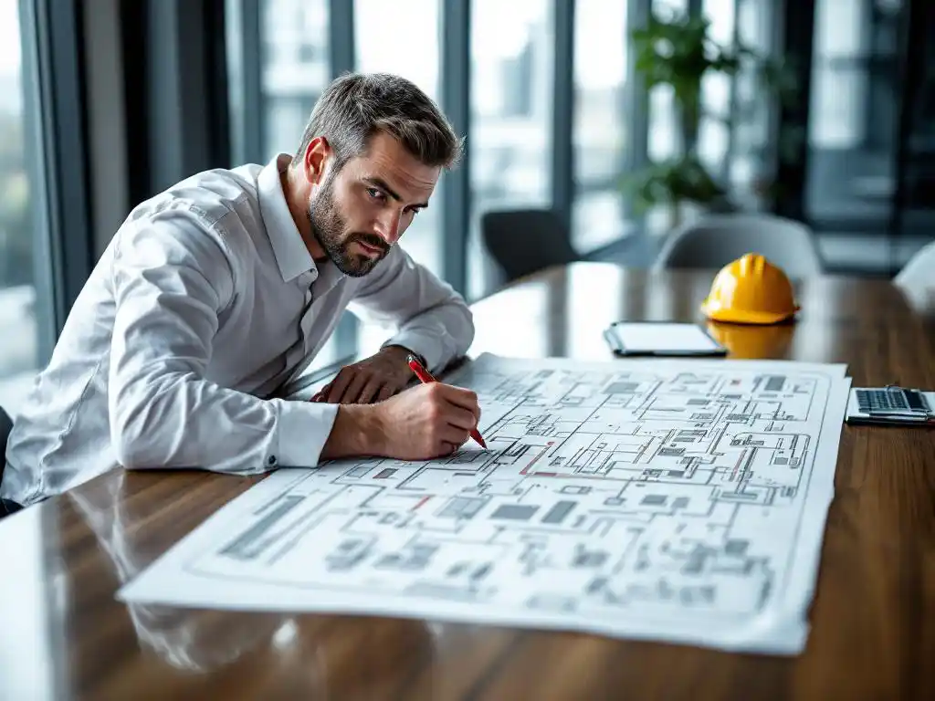 Ingenieur markeert kritieke punten op industrieel procesdiagram met rode pen op vergadertafel in kantoor