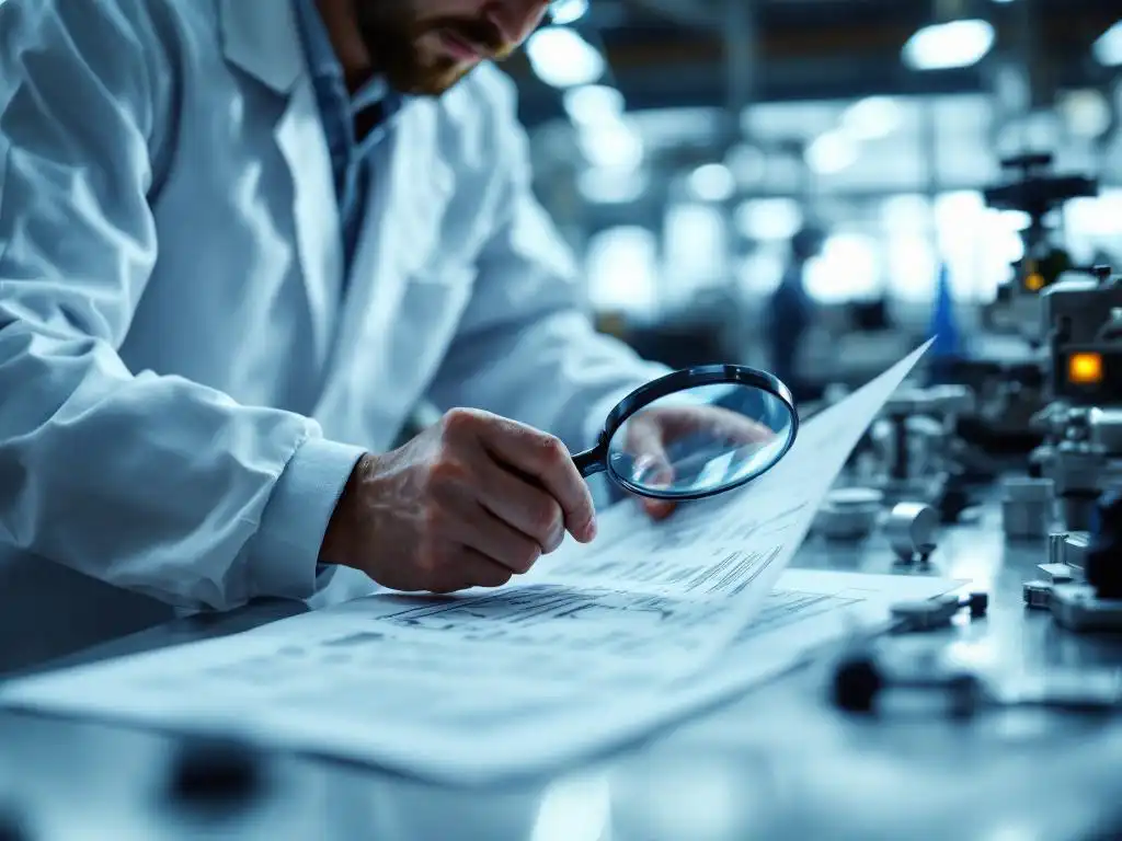 Kwaliteitscontroleur in laboratoriumjas onderzoekt productiedocument met vergrootglas op roestvrijstalen tafel