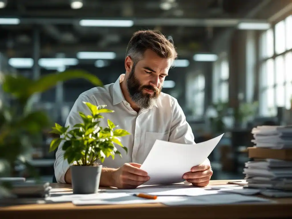 Fabriekeigenaar bestudeert milieudocumenten aan bureau met plant, industriële achtergrond met natuurlijk licht