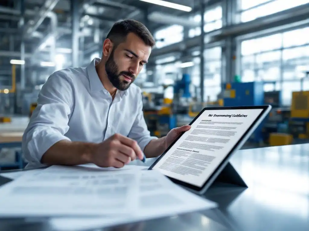 Industriële manager bekijkt milieunaleving documenten op tablet aan stalen bureau met fabriek op achtergrond