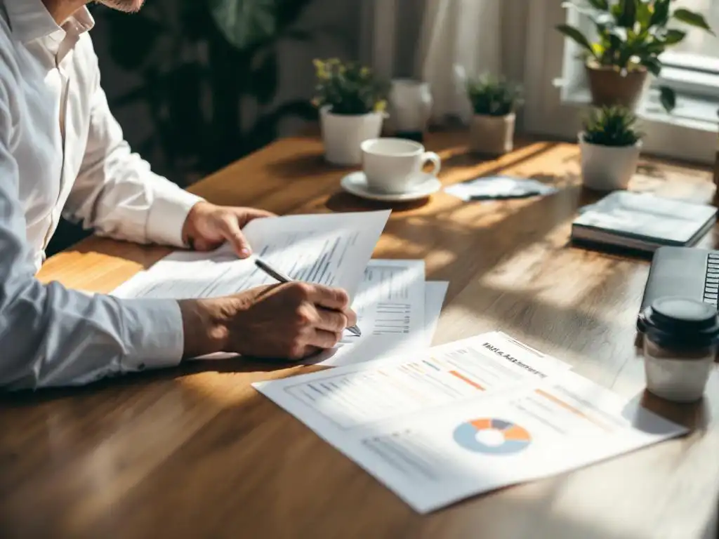 Bedrijfsconsultant beoordeelt risicoanalyse documenten aan houten bureau met veiligheidschecklists en werkplek evaluaties