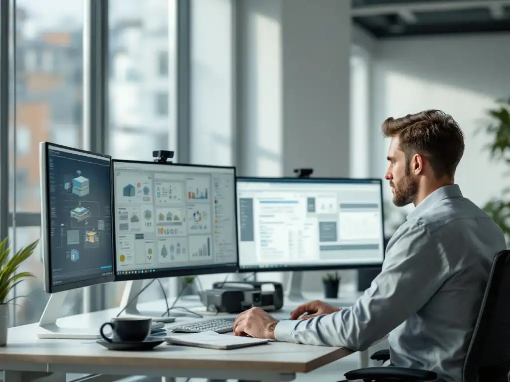 Software tester bekijkt testdocumentatie aan werkstation in moderne kantooromgeving met meerdere monitoren