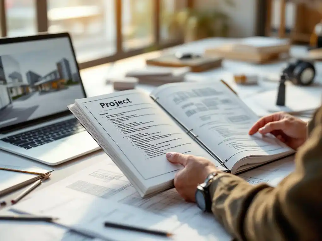 Professionele handen houden open projectmap met technische documentatie vast, laptop met blauwdrukken op moderne werkplek