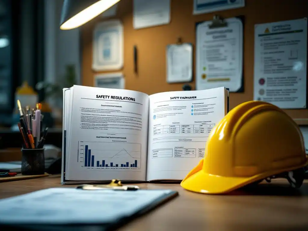 Veiligheidshandboek met nalevingsgrafieken op bureau van fabrieksveiligheidsmanager, gele helm en certificaten zichtbaar