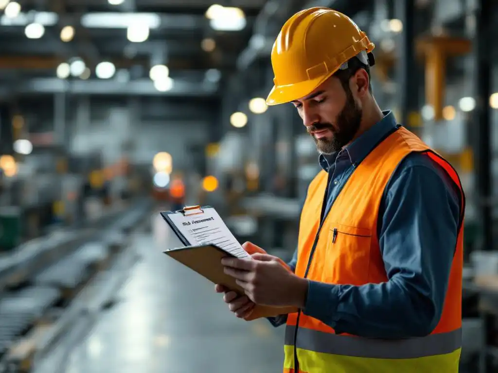 Veiligheidsinspecteur in helm bekijkt risicobeoordelingslijst op klembord in moderne industriële fabriek