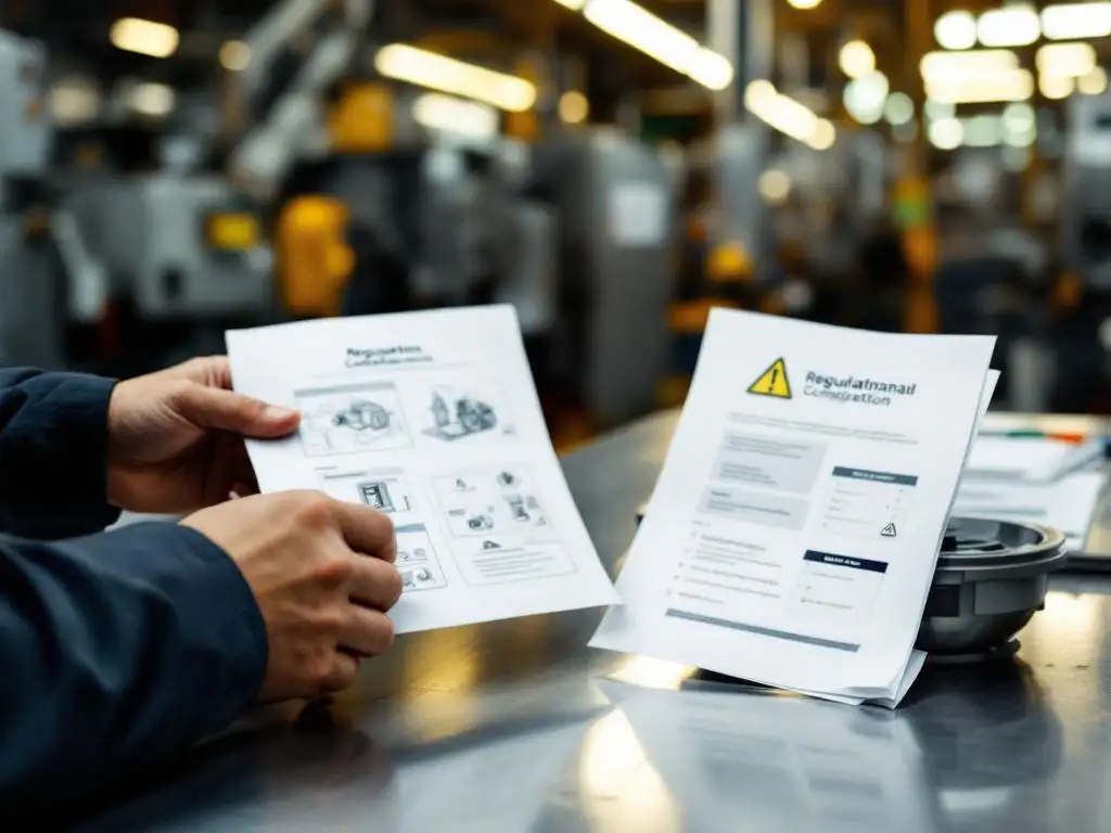 Veiligheidsinspecteur houdt twee nalevingsdocumenten vast op stalen werkbank in industriële omgeving
