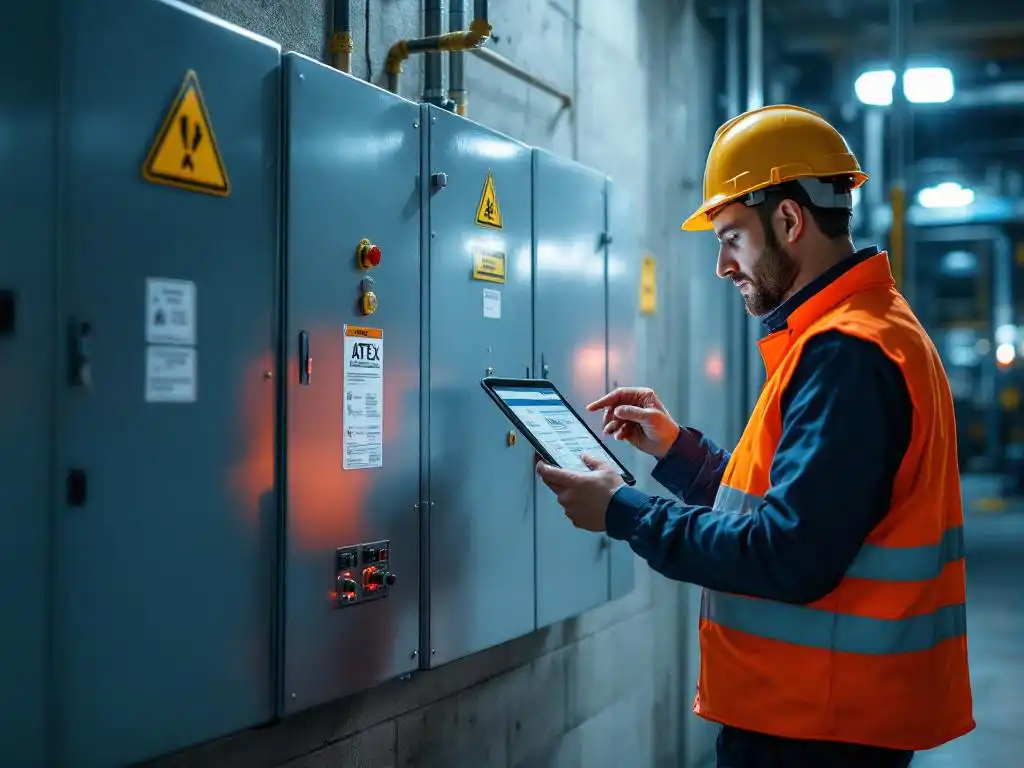 Veiligheidsinspecteur in oranje vest controleert explosieveilige elektrische paneel in chemische fabriek met ATEX-certificering