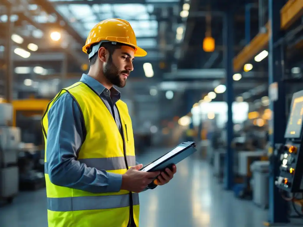 Veiligheidsinspecteur in reflecterend vest onderzoekt industriële machines met klembord in moderne fabriek