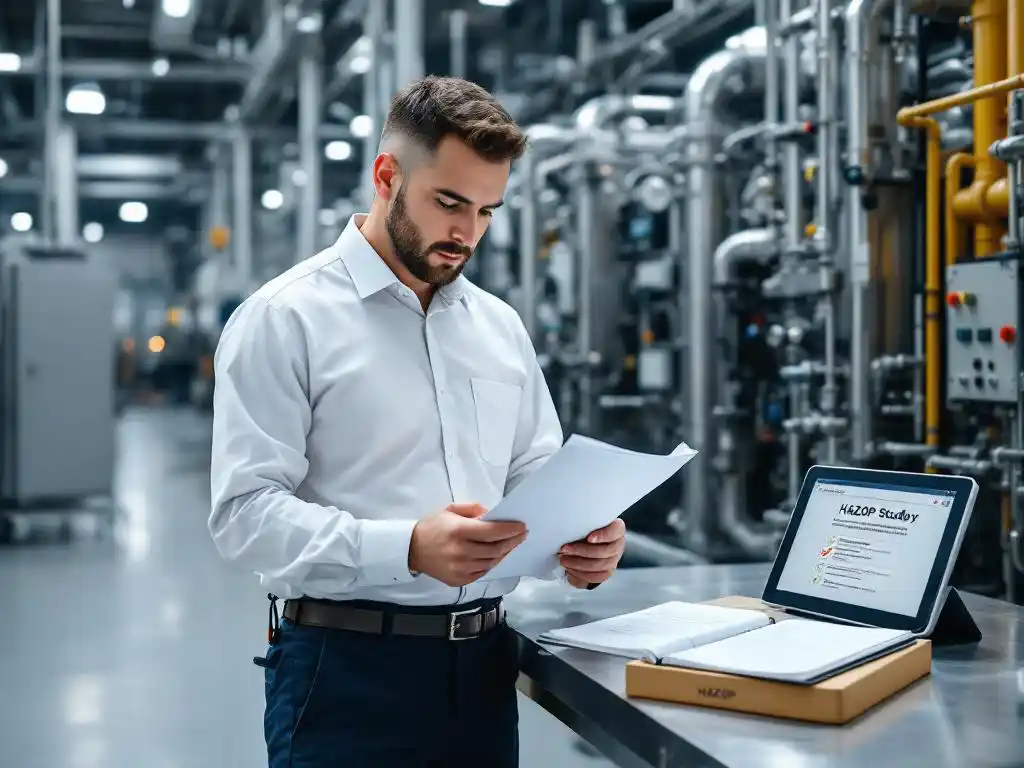Veiligheidsinspecteur controleert industriële apparatuur met checklist in moderne fabriek met HAZOP-studie op tafel