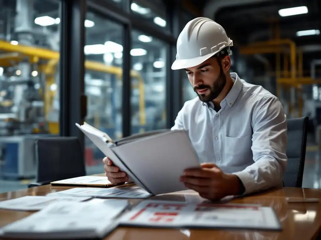 Veiligheidsmanager in witte helm bestudeert HSE-documentatie aan conferentietafel in industriële omgeving
