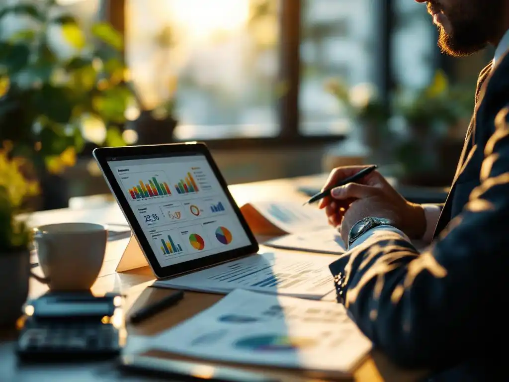 Zakelijke professional in pak bestudeert energieefficiëntierapport aan modern bureau met tablet en grafieken