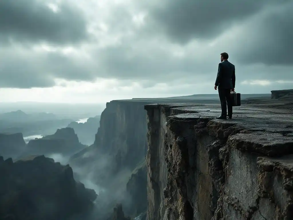 Zakenman met aktetas staat op instortende klif van beton en staal, kijkt naar beneden terwijl storm opsteekt