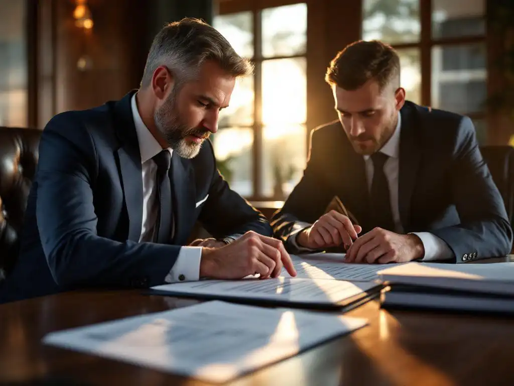 Zakelijke executive en consultant bespreken nalevingsdocumenten aan vergadertafel in kantooromgeving
