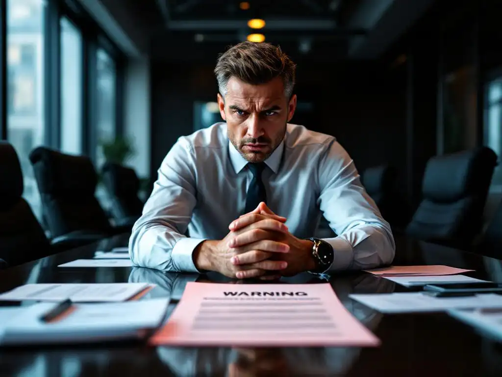 Gestresste bedrijfsleider aan vergadertafel met nalevingsdocumenten en rode waarschuwingsbrief in modern kantoor