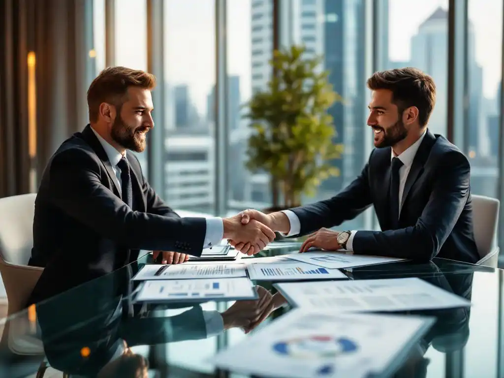Zakelijke handdruk tussen MKB-leverancier en bedrijfsleiders aan vergadertafel met contractdocumenten in modern kantoor