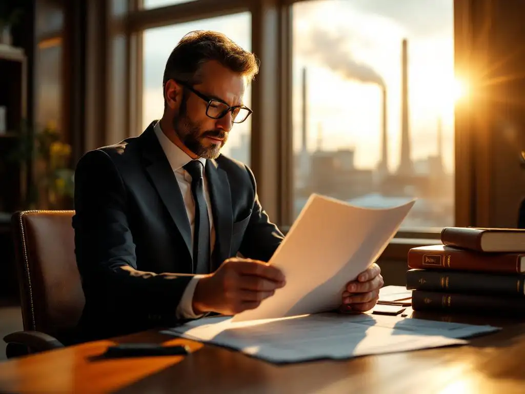 Zakenman in pak bestudeert milieuvergunning aan houten bureau met industriële schoorstenen op achtergrond