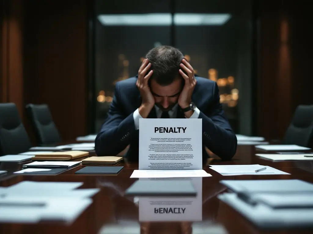 Zakenman in pak met hoofd in handen naast boetedocument op vergadertafel, juridische papieren verspreid in boardroom