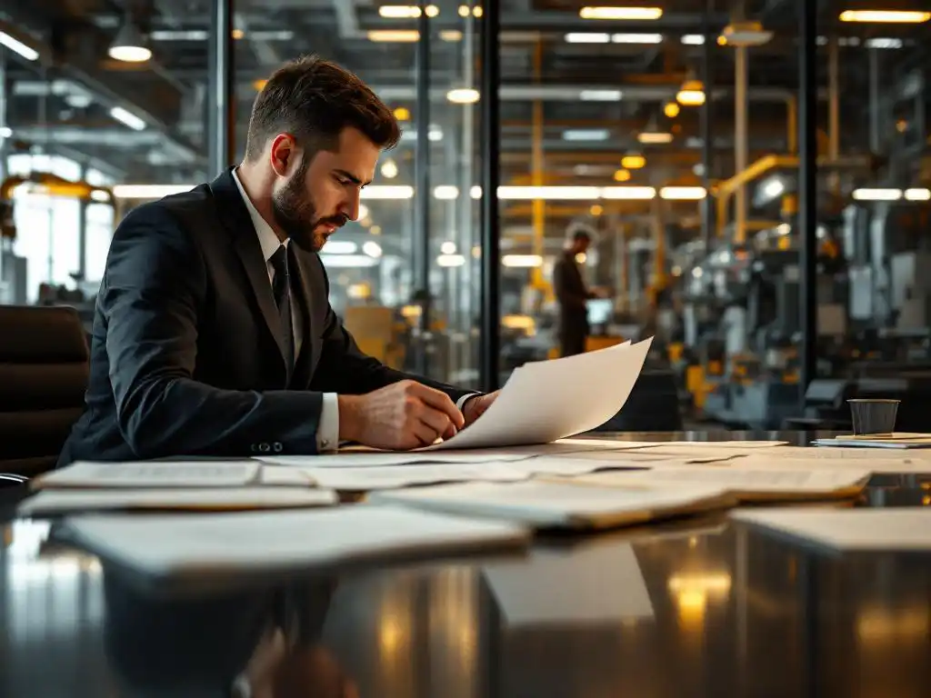 Zakenman in pak bestudeert juridische documenten aan conferentietafel met fabrieksachtergrond