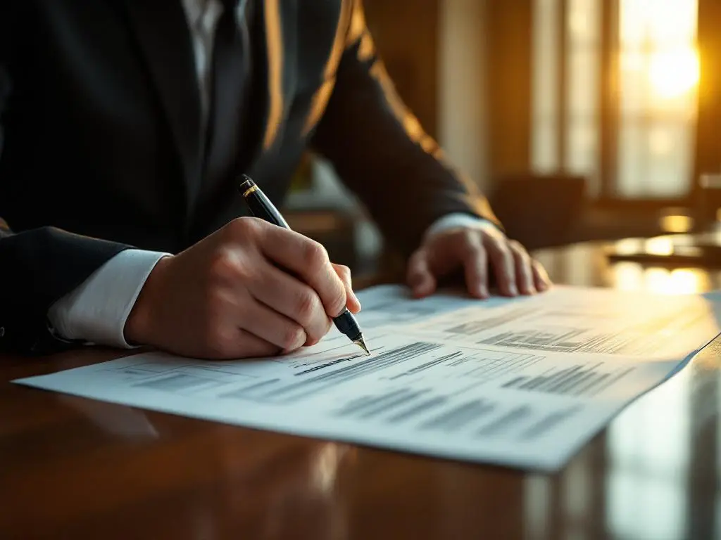 Zakenman in pak bekijkt vergunningsdocumenten aan bureau met fabrieksplattegronden en vulpen in gouden zonlicht